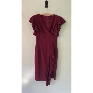 Knitee Womens Dress Medium Wine Short Ruffle Sleeve Stretchy Deep V Neck Slit